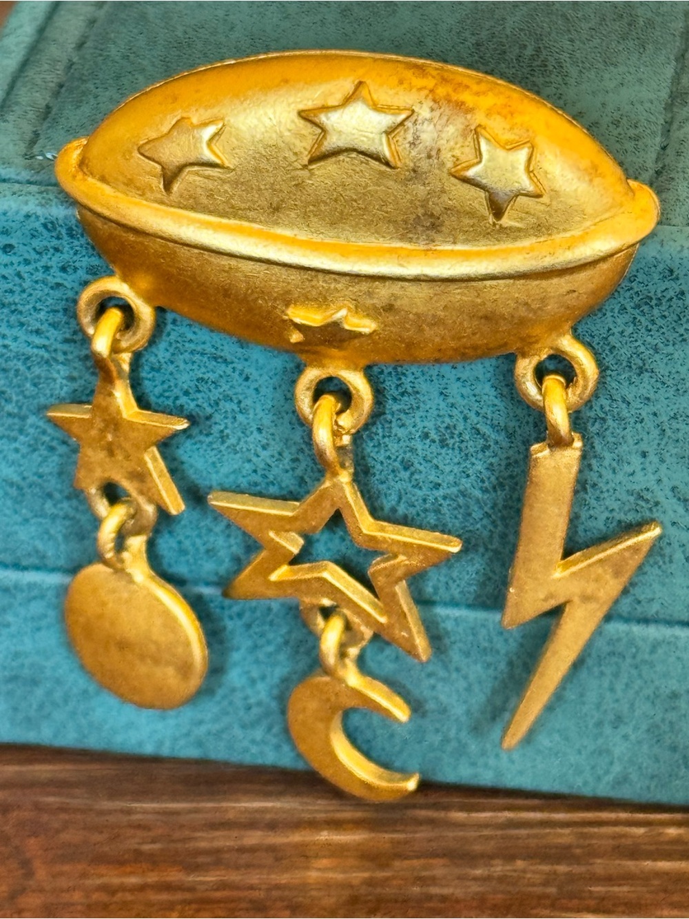 Vtg Signed RVP Matte Gold Celestial Dangle Brooch Moon Star Lightning Bolt Pin